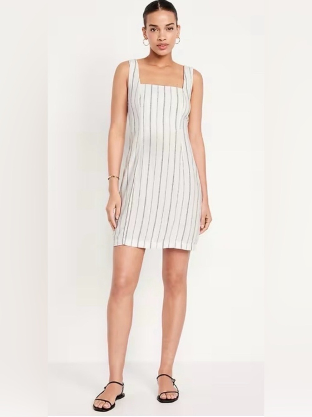 Linen Blend Old Navy White Dress with Black Vertical Stripes